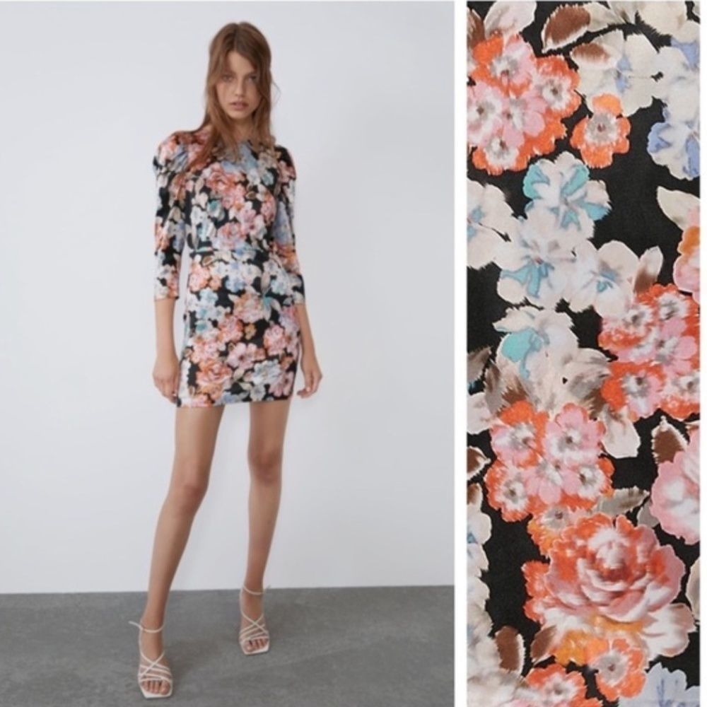 Zara Retro Floral Print Mini Dress with Puff Sleeves